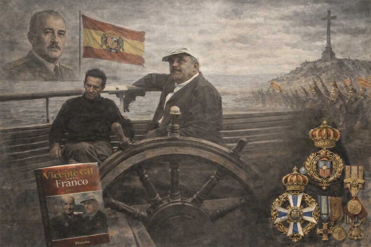 Imagen alegórica ambientada en el franquismo que muestra a Francisco Franco y su entorno en una escena simbólica a bordo de un barco, con referencias al poder político, la iconografía del régimen y el contexto histórico del siglo XX español.