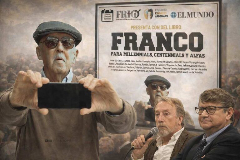 Imagen alegórica de la presentación del libro “Franco para millennials, centennials y alfas”, con un fotomontaje de Franco haciéndose un selfie y una mesa de ponentes durante el acto celebrado en el espacio Ardemans.