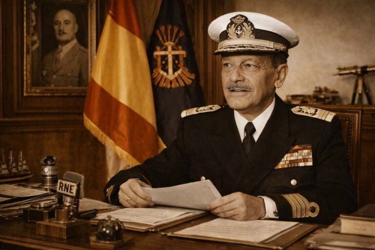 Fotografía alegórica de Gabriel Pita da Veiga y Sanz, almirante de la Armada española, representado en un despacho oficial con uniforme naval, documentos sobre la mesa y la bandera de España al fondo, evocando su etapa como ministro de Marina.