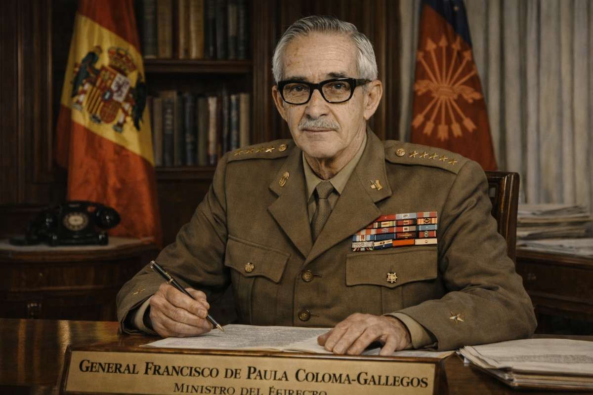 Retrato alegórico del general Francisco de Paula Coloma-Gallegos, teniente general del Ejército español y ministro del Ejército (1973–1975), en un despacho institucional de época, con uniforme militar y condecoraciones.