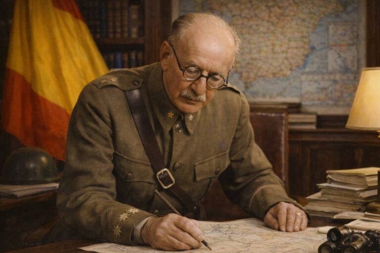 Jorge Vigón Suerodíaz, general de Artillería, analizando un mapa en su despacho militar, rodeado de documentación y símbolos del Estado, en una imagen alegórica de su trayectoria.