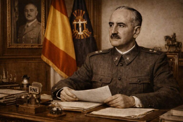 Retrato alegórico en formato horizontal de Gonzalo Queipo de Llano, vestido con uniforme militar, sentado tras un escritorio con documentos, en un despacho de época, con la bandera de España al fondo y un ambiente institucional propio de la Guerra Civil española.