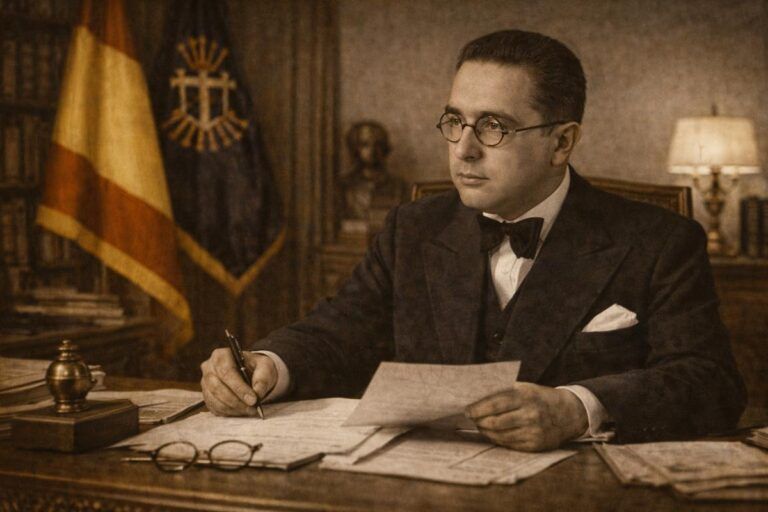 Retrato alegórico en tono sepia de Joaquín Bau Nolla, representado como dirigente político de la España de entreguerras, sentado ante un escritorio con documentos oficiales, en un despacho de estilo clásico, evocando su papel institucional y su influencia en la vida política del tradicionalismo y del régimen franquista.
