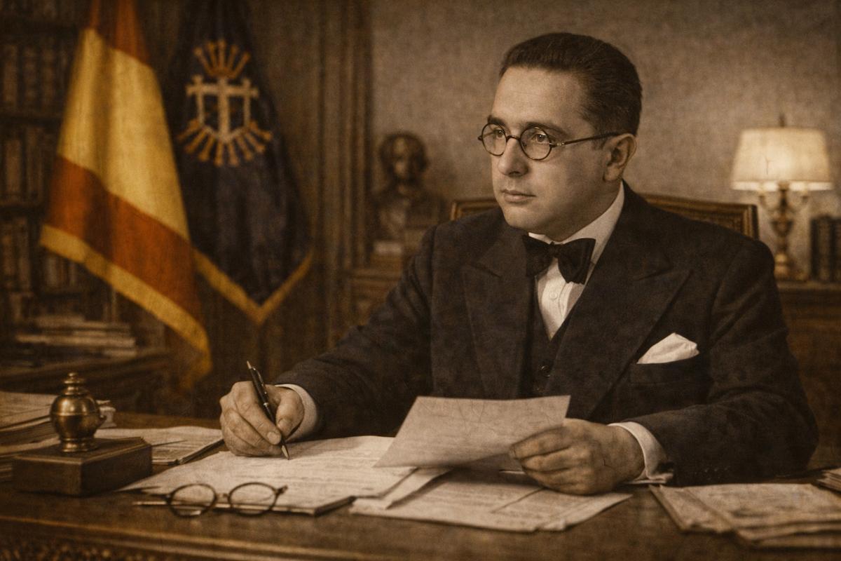 Retrato alegórico en tono sepia de Joaquín Bau Nolla, representado como dirigente político de la España de entreguerras, sentado ante un escritorio con documentos oficiales, en un despacho de estilo clásico, evocando su papel institucional y su influencia en la vida política del tradicionalismo y del régimen franquista.
