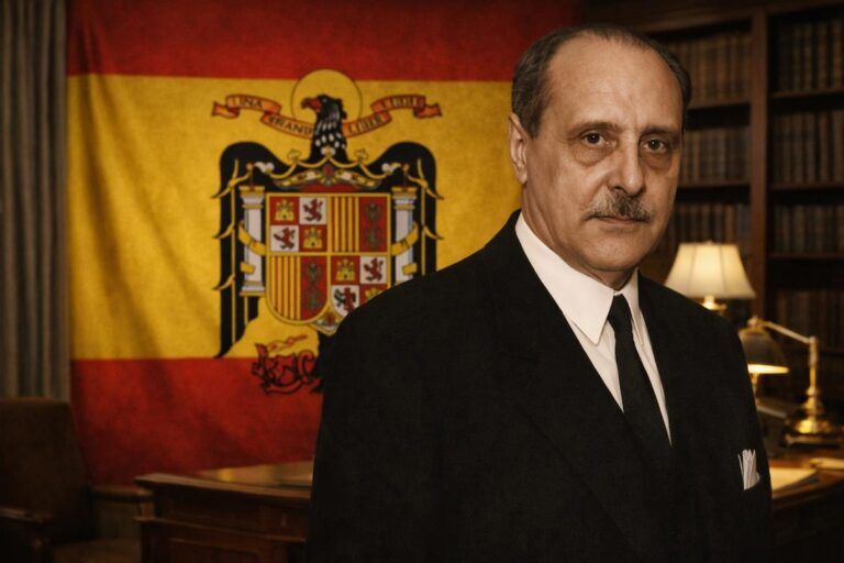 Hombre en oficina con bandera histórica
