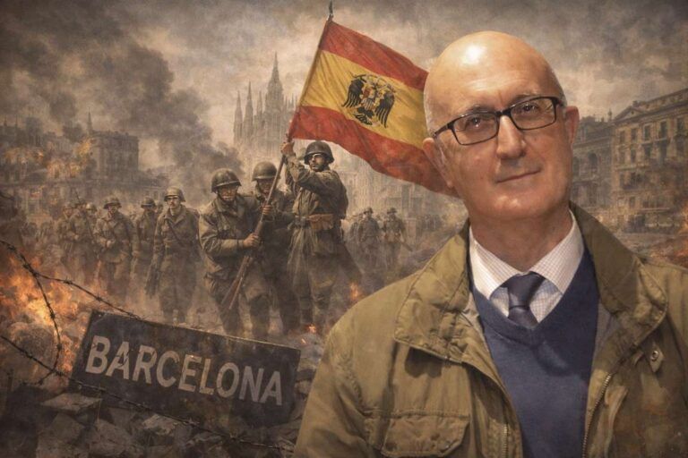 Imagen alegórica de la caída de Barcelona en 1939 durante la Guerra Civil Española, con un analista en primer plano y soldados del ejército nacional avanzando por una ciudad devastada al fondo.