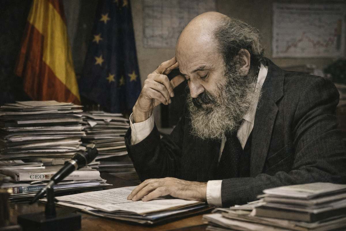 José Luis Cerón Ayuso, diplomático y ministro de Comercio, concentrado en la lectura de documentos en su despacho, rodeado de expedientes y símbolos de la política económica europea, en una imagen alegórica de su trayectoria pública.