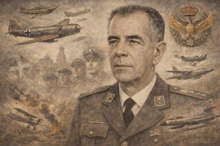 Retrato alegórico de Julio Salvador Díaz-Benjumea, piloto de caza y ministro del Aire, representado con uniforme del Ejército del Aire y rodeado de aviones históricos que simbolizan la evolución de la aviación militar española del siglo XX.