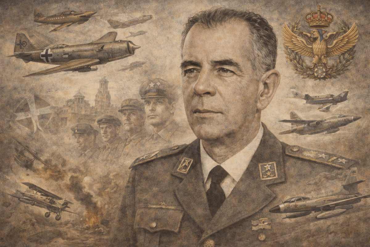 Retrato alegórico de Julio Salvador Díaz-Benjumea, piloto de caza y ministro del Aire, representado con uniforme del Ejército del Aire y rodeado de aviones históricos que simbolizan la evolución de la aviación militar española del siglo XX.