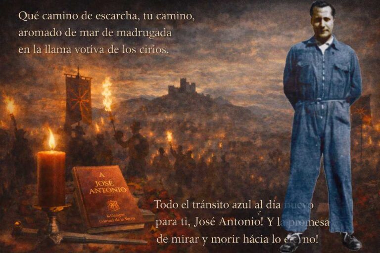Imagen alegórica de poesía patriótica con antorchas encendidas, un libro titulado “A José Antonio”, una vela votiva y un castillo al fondo bajo un cielo crepuscular, en un ambiente simbólico y solemne.