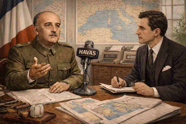 Imagen alegórica de las declaraciones de Franco a la Agencia Havas en agosto de 1938