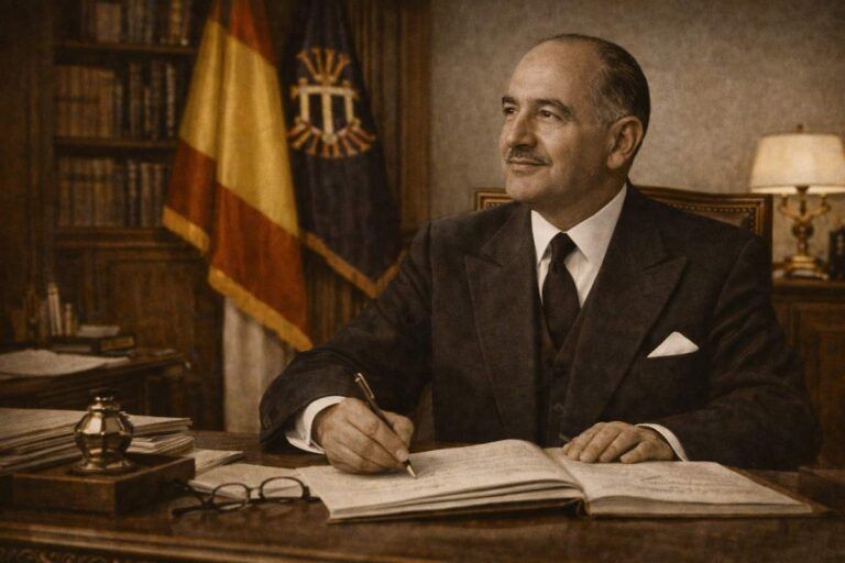Retrato alegórico en tono sepia de Jesús Rubio y García-Mina sentado en su despacho ministerial, escribiendo en un libro sobre una mesa de madera, con estanterías de libros al fondo y la bandera de España como símbolo institucional.