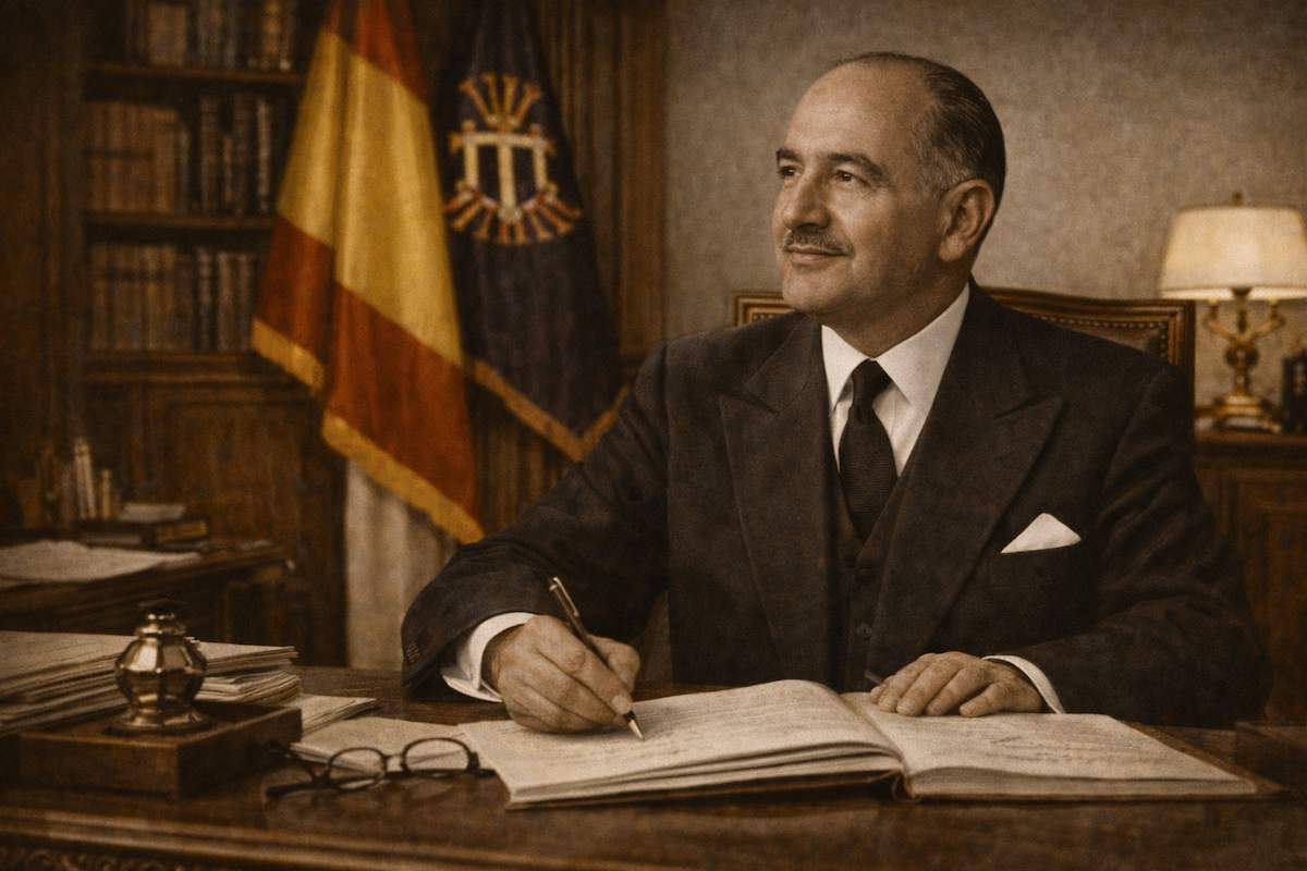 Retrato alegórico en tono sepia de Jesús Rubio y García-Mina sentado en su despacho ministerial, escribiendo en un libro sobre una mesa de madera, con estanterías de libros al fondo y la bandera de España como símbolo institucional.
