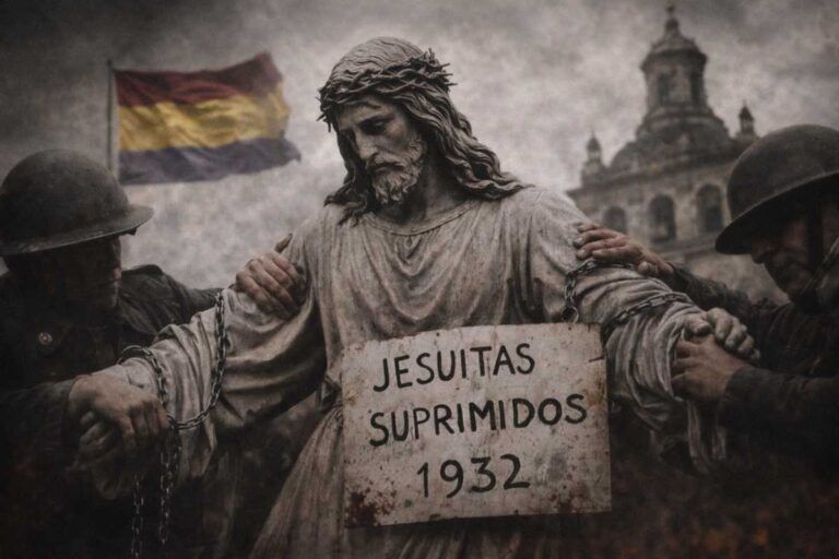 Imagen alegórica sobre la disolución de la Compañía de Jesús en 1932: un jesuita con maleta abandona un edificio religioso cerrado por orden gubernamental, simbolizando la expulsión y la incautación de bienes durante la II República.