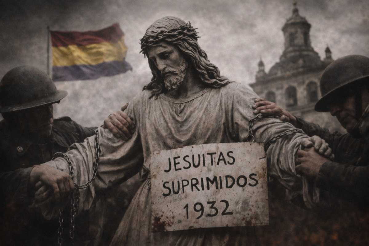 Imagen alegórica sobre la disolución de la Compañía de Jesús en 1932: un jesuita con maleta abandona un edificio religioso cerrado por orden gubernamental, simbolizando la expulsión y la incautación de bienes durante la II República.