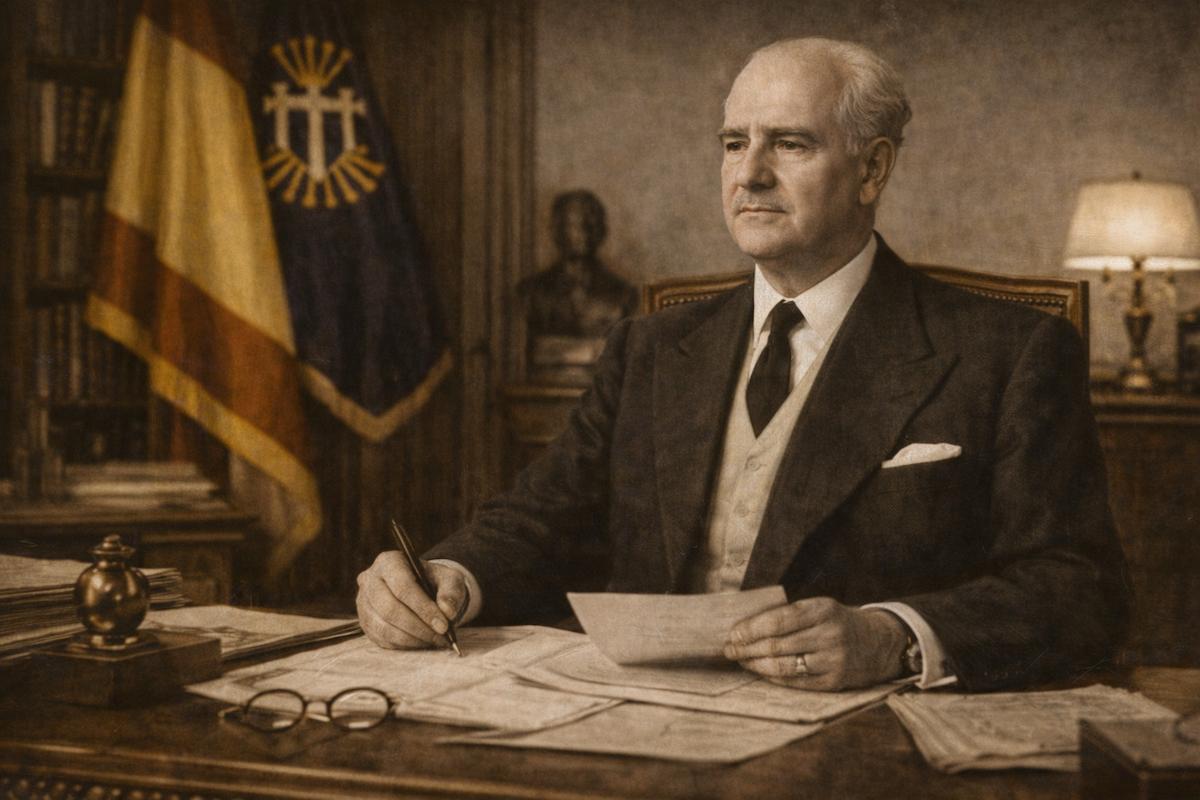 Retrato alegórico de Joaquín Benjumea y Burín, en tono sepia, sentado en un despacho oficial de época, con traje oscuro y documentos sobre la mesa, en actitud reflexiva y de gobierno, evocando su larga trayectoria política y administrativa durante el franquismo.