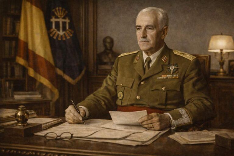 Retrato alegórico de Joaquín Planell Riera, militar e ingeniero español, sentado en su despacho con uniforme de general, condecoraciones visibles y documentos sobre la mesa, símbolo de su papel en la industria militar y la política del franquismo.
