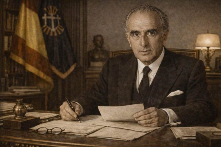 Retrato alegórico de Joaquín Ruiz-Giménez Cortés sentado en su despacho, con traje oscuro, leyendo documentos sobre una mesa de trabajo, en un ambiente institucional de mediados del siglo XX.