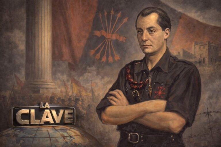 Imagen alegórica de José Antonio Primo de Rivera con símbolos de la Falange Española y referencias al debate político del siglo XX en España.