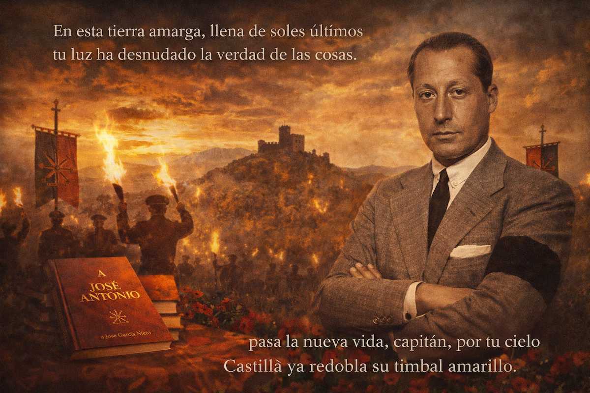 Imagen alegórica de la poesía “A José Antonio” de José García Nieto, con el poeta en primer plano y un paisaje simbólico de Castilla al fondo, antorchas encendidas, estandartes y elementos evocadores de memoria, sacrificio y solemnidad.