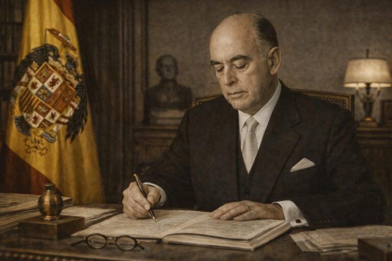 José García Hernández, político y alto funcionario del franquismo tardío, firmando en un libro oficial en un despacho institucional, con documentos y símbolos del poder administrativo al fondo, en una escena solemne y representativa de su etapa como ministro de la Gobernación.