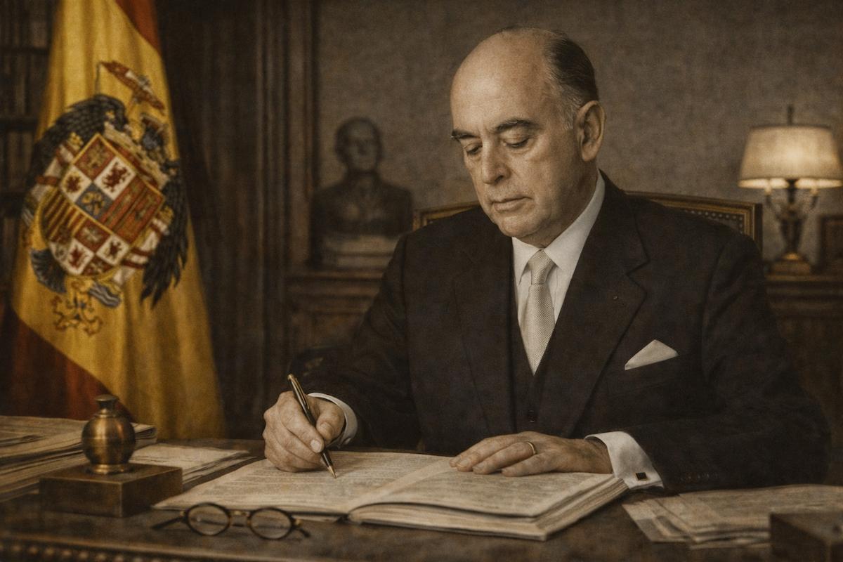 José García Hernández, político y alto funcionario del franquismo tardío, firmando en un libro oficial en un despacho institucional, con documentos y símbolos del poder administrativo al fondo, en una escena solemne y representativa de su etapa como ministro de la Gobernación.