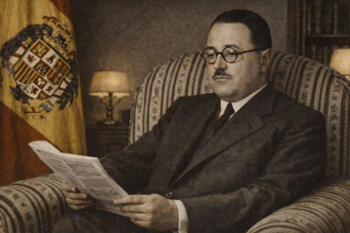 José Larraz López, economista y jurista español, sentado en un sillón leyendo un documento, en un despacho de estilo clásico con biblioteca y la bandera de España al fondo, en una imagen de tono sepia de carácter histórico y alegórico.