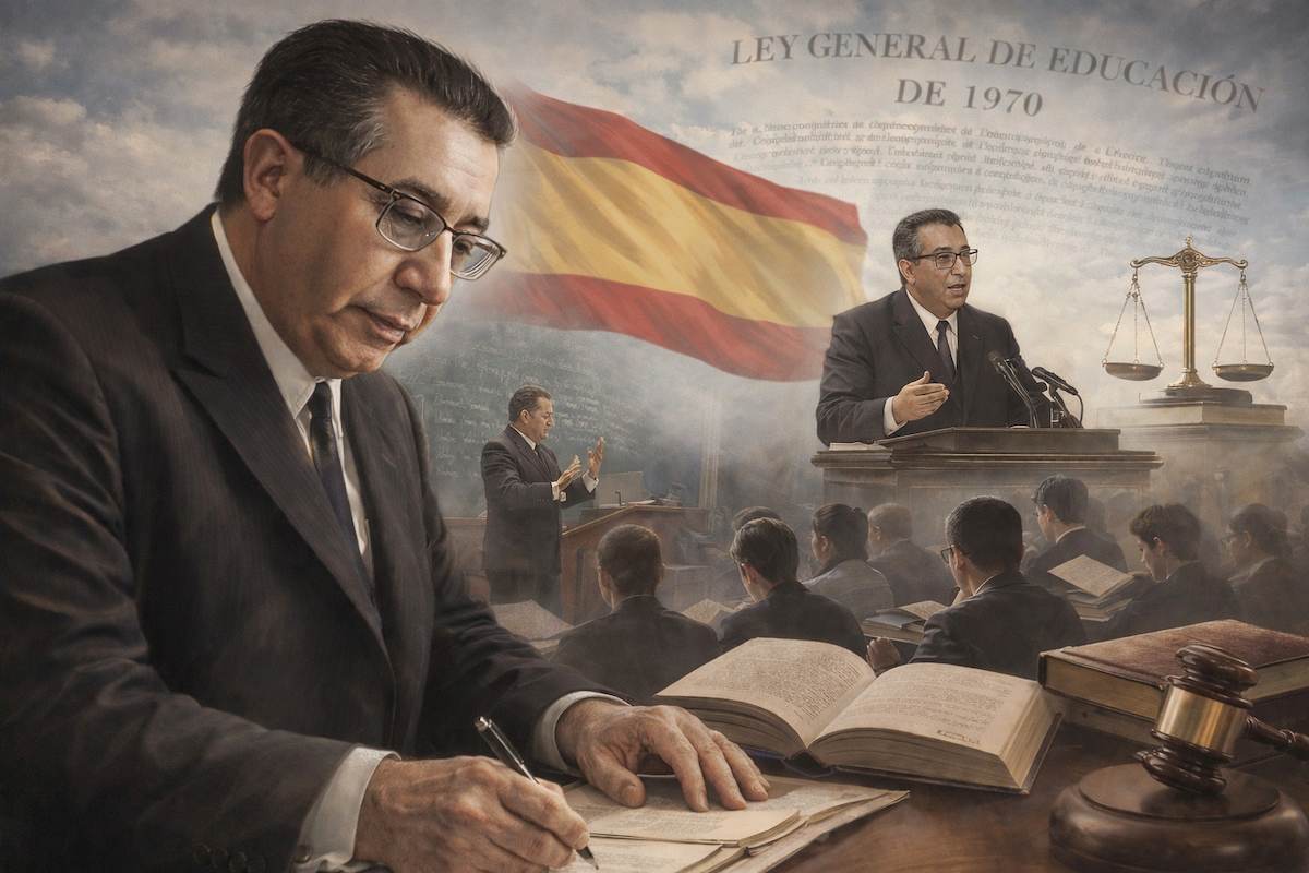 Imagen alegórica de José Luis Villar Palasí trabajando y pronunciando un discurso, con estudiantes al fondo, libros jurídicos y la bandera de España sin escudo, en referencia a la Ley General de Educación de 1970.