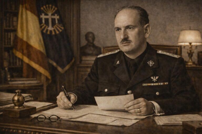 Retrato alegórico de José Luis de Arrese y Magra, sentado en su despacho y vestido con uniforme falangista, firmando documentos oficiales, con banderas y símbolos del régimen al fondo, en una escena de tono sepia que evoca su etapa como dirigente político del franquismo.
