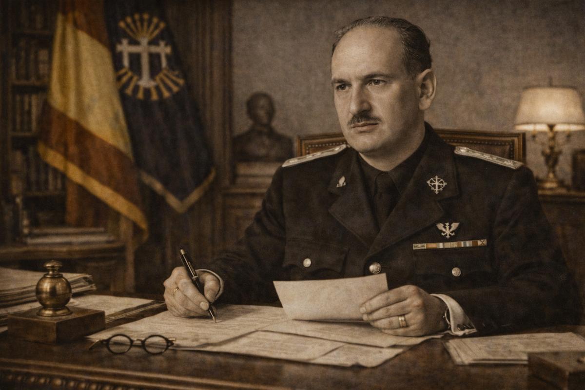 Retrato alegórico de José Luis de Arrese y Magra, sentado en su despacho y vestido con uniforme falangista, firmando documentos oficiales, con banderas y símbolos del régimen al fondo, en una escena de tono sepia que evoca su etapa como dirigente político del franquismo.
