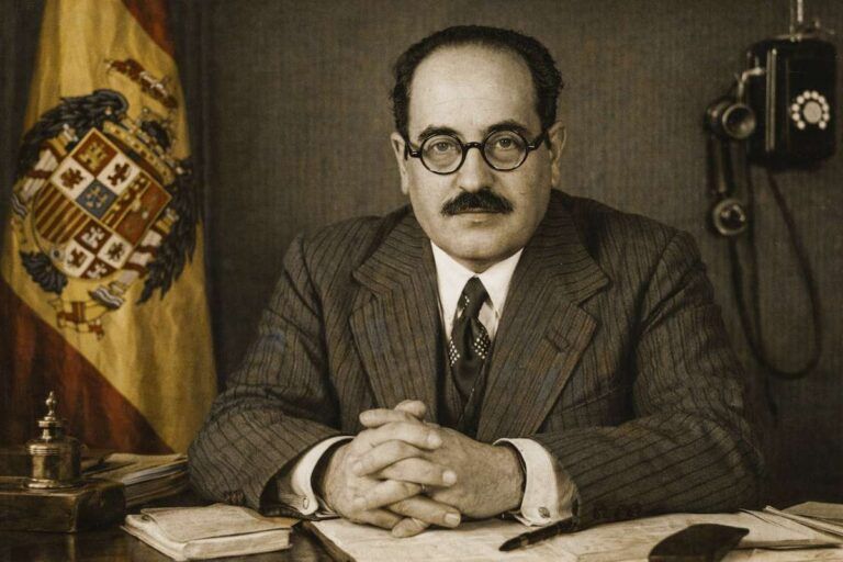 Retrato alegórico de José María Cortés y López, sentado tras un escritorio en un despacho oficial, con expresión seria y manos entrelazadas, vestido con traje oscuro y gafas redondas; al fondo aparece la bandera de España con escudo, junto a elementos administrativos de época como documentos, tintero y un teléfono antiguo.