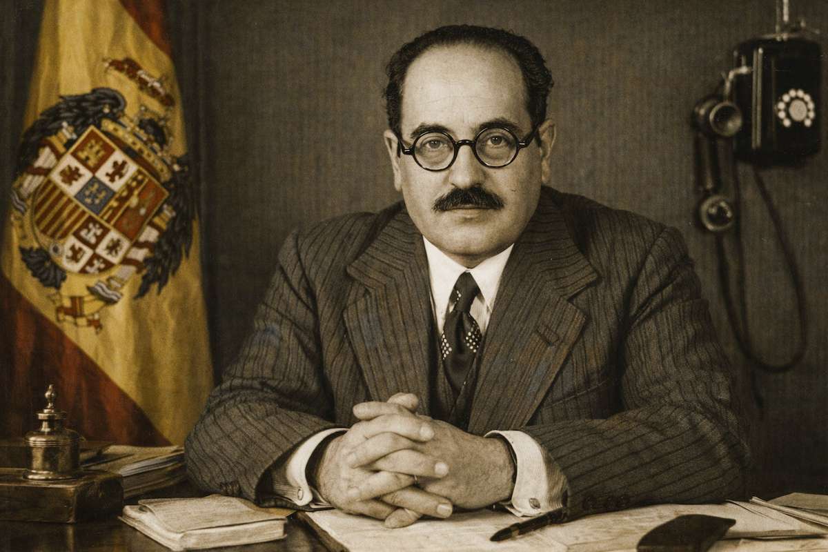 Retrato alegórico de José María Cortés y López, sentado tras un escritorio en un despacho oficial, con expresión seria y manos entrelazadas, vestido con traje oscuro y gafas redondas; al fondo aparece la bandera de España con escudo, junto a elementos administrativos de época como documentos, tintero y un teléfono antiguo.