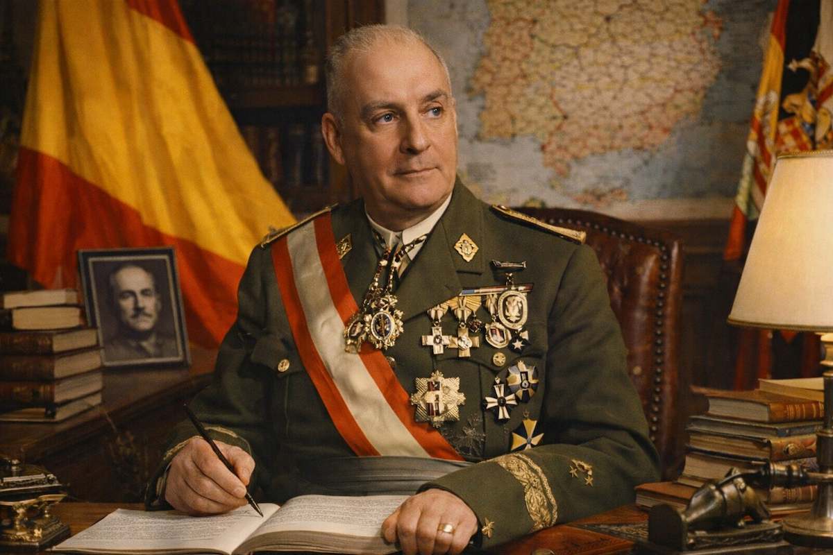 José María Fernández Ladreda y Menéndez Valdés, general y ministro, sentado en su despacho con uniforme militar, rodeado de libros y documentos, en una imagen alegórica de su trayectoria pública.