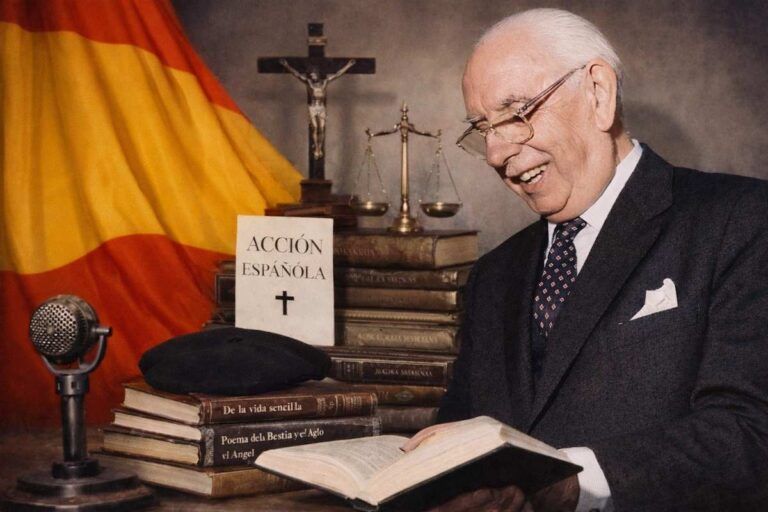 José María Pemán, ya anciano, leyendo un libro en su despacho, rodeado de libros y símbolos culturales, con la bandera de España en color y sin escudo al fondo.
