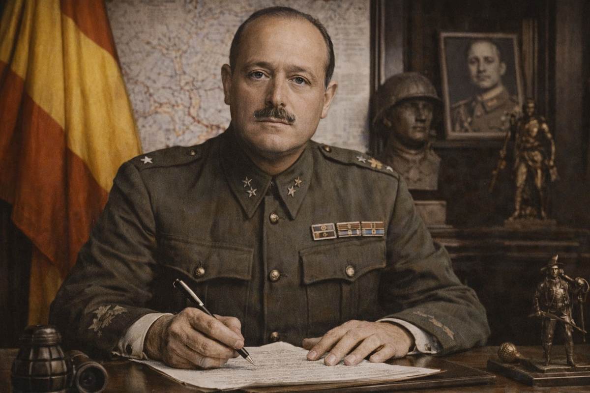 José Millán Astray y Terreros, militar español y fundador de la Legión, retratado en su despacho con uniforme de Infantería, documentos militares y símbolos castrenses al fondo, en una imagen alegórica de su trayectoria.
