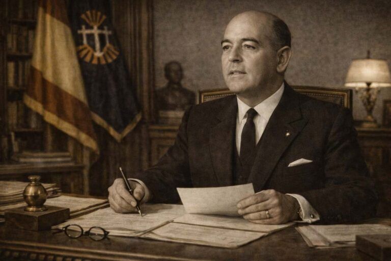 Retrato alegórico de José Solís Ruiz en su despacho oficial, sentado tras una mesa de trabajo con documentos y pluma, en un ambiente institucional del franquismo, con expresión concentrada y símbolos políticos de la época al fondo.