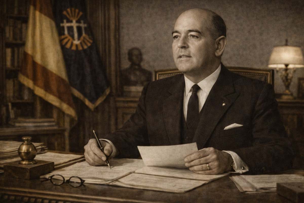 Retrato alegórico de José Solís Ruiz en su despacho oficial, sentado tras una mesa de trabajo con documentos y pluma, en un ambiente institucional del franquismo, con expresión concentrada y símbolos políticos de la época al fondo.