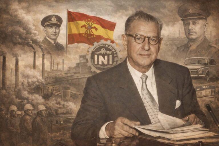 Retrato alegórico de Juan Antonio Suanzes Fernández, ingeniero naval y presidente del INI, rodeado de símbolos de la industrialización española, la política económica del franquismo y la industria estatal de posguerra.