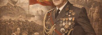 Retrato alegórico de Juan Castañón de Mena, teniente general y ministro del Ejército, representado con uniforme y condecoraciones, rodeado de símbolos del Ejército español y del poder político del franquismo.
