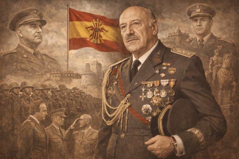 Retrato alegórico de Juan Castañón de Mena, teniente general y ministro del Ejército, representado con uniforme y condecoraciones, rodeado de símbolos del Ejército español y del poder político del franquismo.