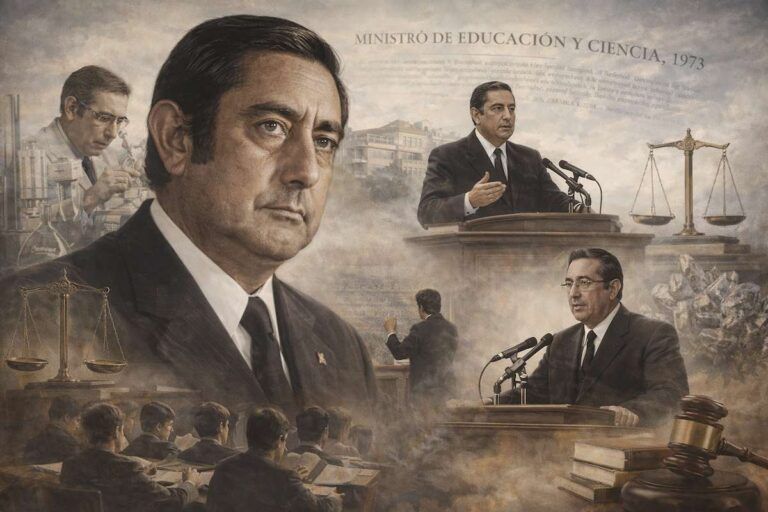 Imagen alegórica de Julio Rodríguez Martínez como científico y ministro de Educación y Ciencia en 1973, con escenas académicas, laboratorio, docencia universitaria y símbolos del saber científico y educativo.