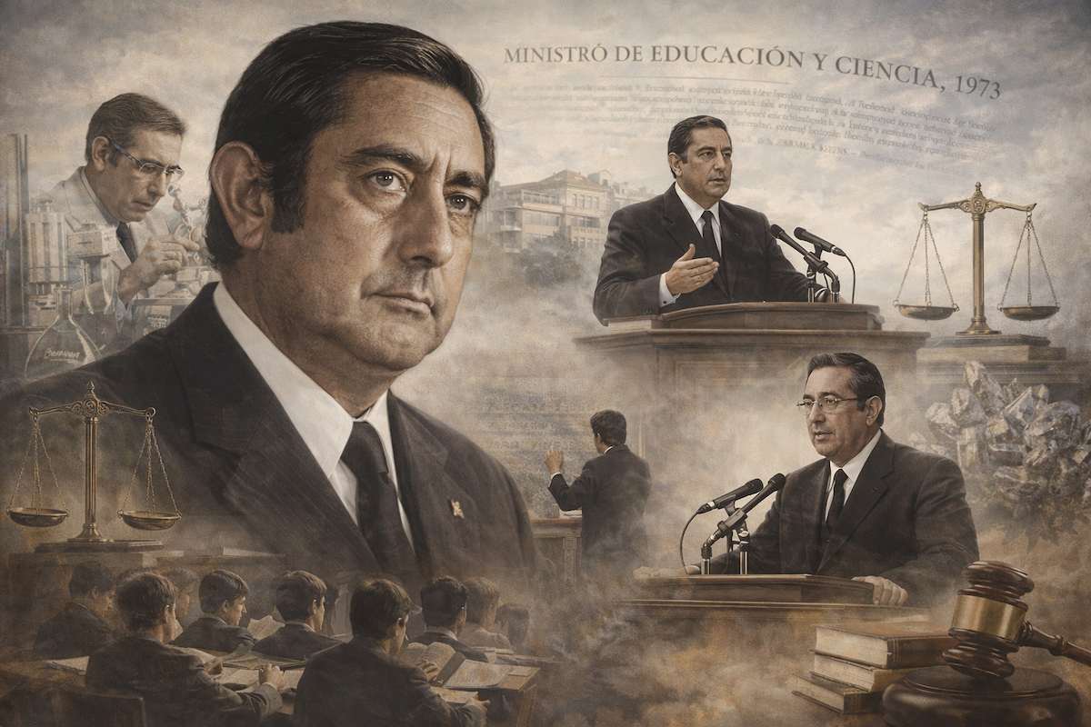 Imagen alegórica de Julio Rodríguez Martínez como científico y ministro de Educación y Ciencia en 1973, con escenas académicas, laboratorio, docencia universitaria y símbolos del saber científico y educativo.