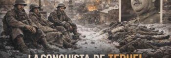 Imagen alegórica de la Batalla de Teruel durante la Guerra Civil Española, con soldados exhaustos entre ruinas nevadas, una ciudad devastada al fondo y referencias a la insubordinación y ejecuciones en Rubielos de Mora.