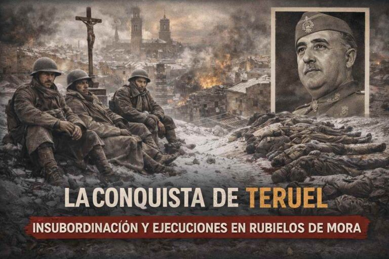 Imagen alegórica de la Batalla de Teruel durante la Guerra Civil Española, con soldados exhaustos entre ruinas nevadas, una ciudad devastada al fondo y referencias a la insubordinación y ejecuciones en Rubielos de Mora.