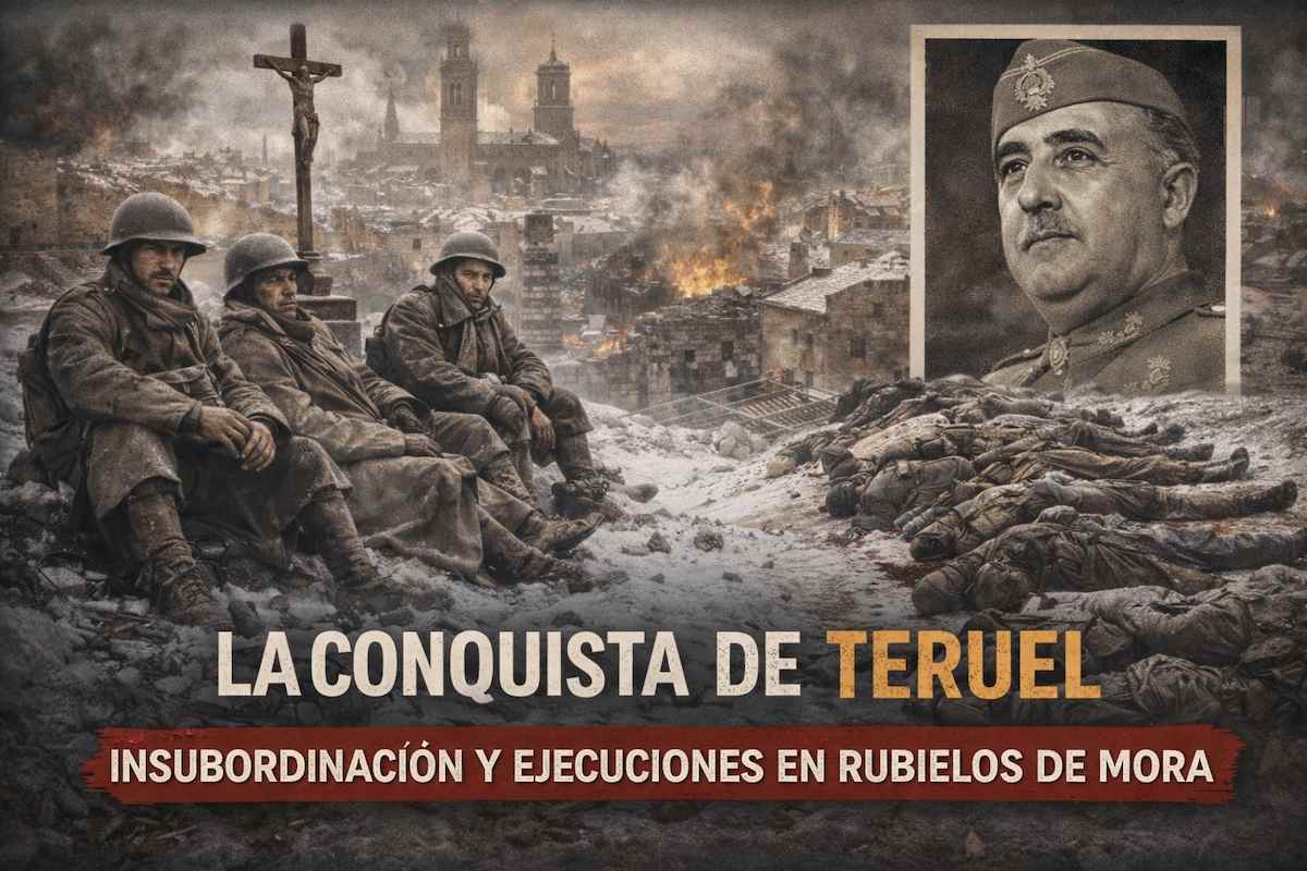 Imagen alegórica de la Batalla de Teruel durante la Guerra Civil Española, con soldados exhaustos entre ruinas nevadas, una ciudad devastada al fondo y referencias a la insubordinación y ejecuciones en Rubielos de Mora.