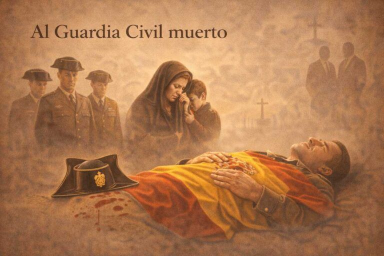 Ilustración alegórica en tonos sobrios dedicada a un guardia civil fallecido, con la bandera de España cubriendo el féretro y un ambiente de duelo y solemnidad que simboliza el sacrificio y el honor.