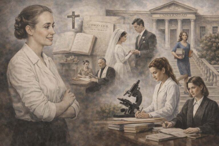 Imagen alegórica sobre la mujer en el franquismo: una jurista de mediados del siglo XX aparece junto al Código Civil, mientras se representan escenas de matrimonio, estudio universitario, investigación científica y ejercicio profesional femenino, simbolizando la evolución jurídica y educativa de la mujer en España.