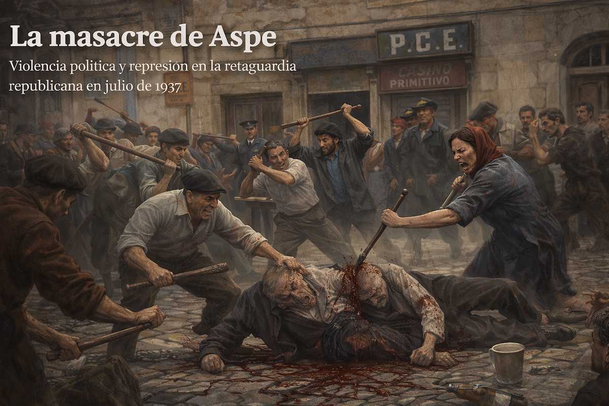 Ilustración alegórica de un linchamiento colectivo en Aspe en 1937, con una multitud agrediendo a dos hombres en la plaza del pueblo, símbolo de la violencia política y la represión en la retaguardia republicana durante la Guerra Civil española.