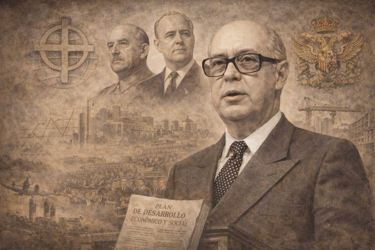 Retrato alegórico de Laureano López Rodó, jurista y tecnócrata del franquismo, representado en actitud institucional con referencias a los Planes de Desarrollo y a la modernización administrativa de la España de los años sesenta.
