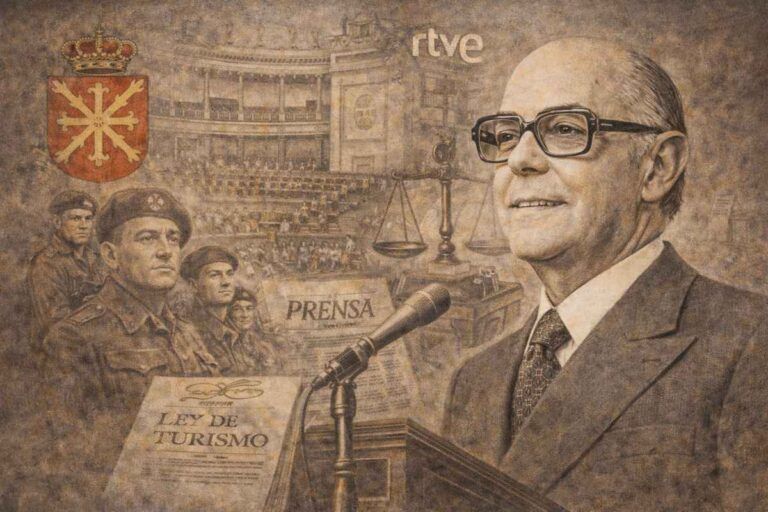 Retrato alegórico de León Herrera y Esteban, jurista y ministro de Información y Turismo, representado con traje y gafas ante un atril, acompañado de símbolos de la prensa, la radiotelevisión, el turismo y la apertura informativa en el final del franquismo.